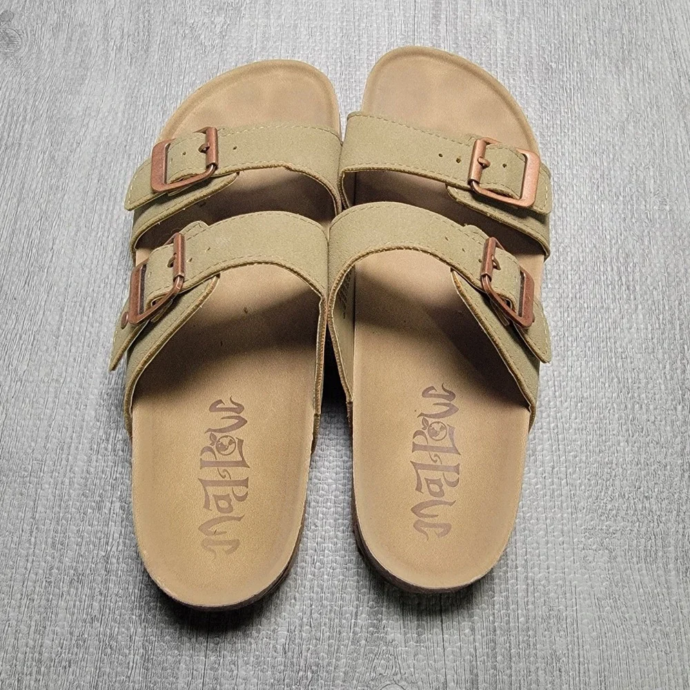 Mad Love Keava Footbed Sandals Womens 6 Taupe Double Strap Buckle Casual Slide